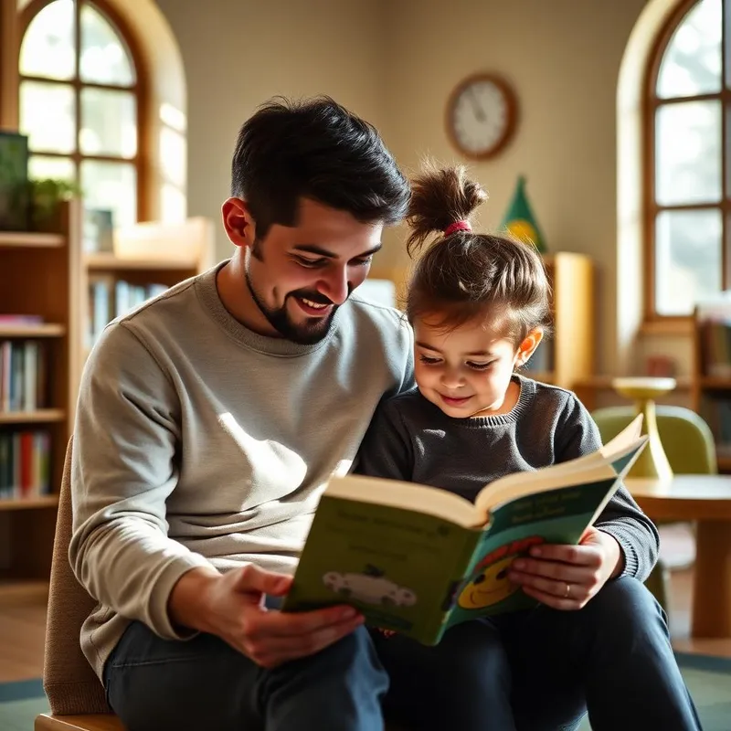 A parent reading a picture book with a young child in a cozy library corner.