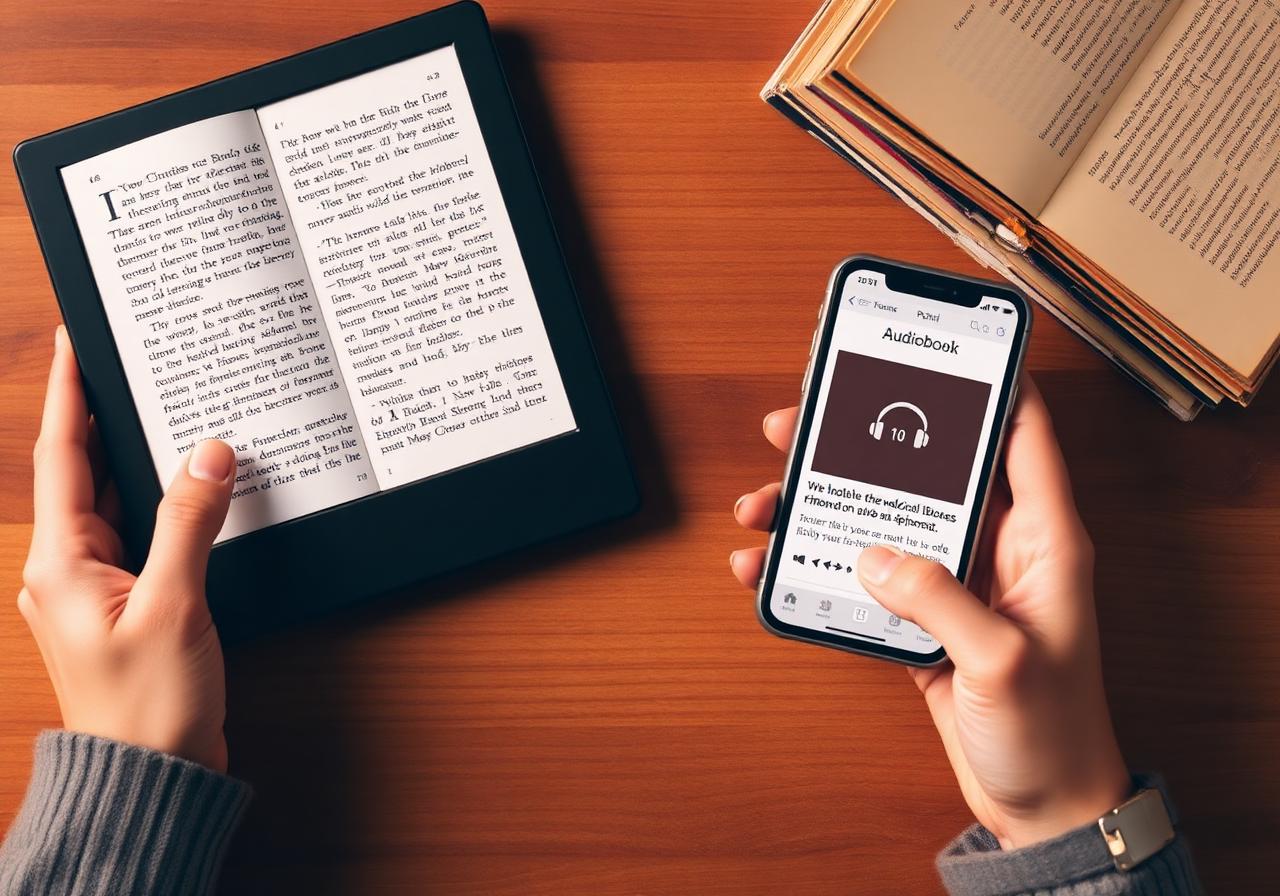 Hands holding an e-reader and a phone with an audiobook app, beside a stack of paper books.