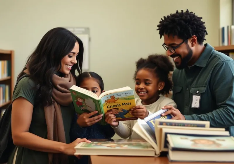 A family checking out books together at the Fraser Public Library front desk.