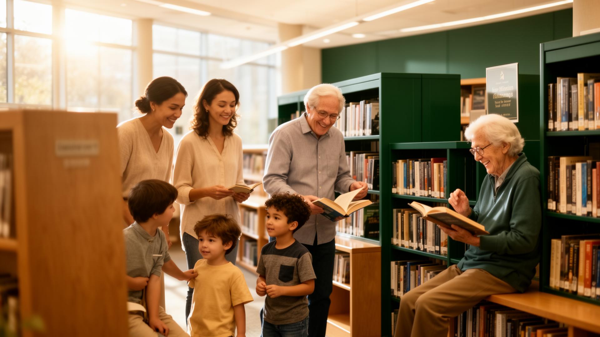 A multigenerational family — parents, two young children, a teen, and a senior — exploring books together in a sun-filled library.