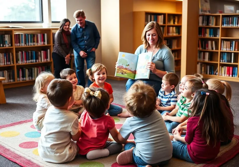 Young children gathered on a rug during a library storytime session.
