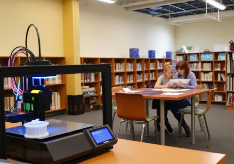 Hands-on creative tools in the library makerspace, including a 3D printer and craft supplies.