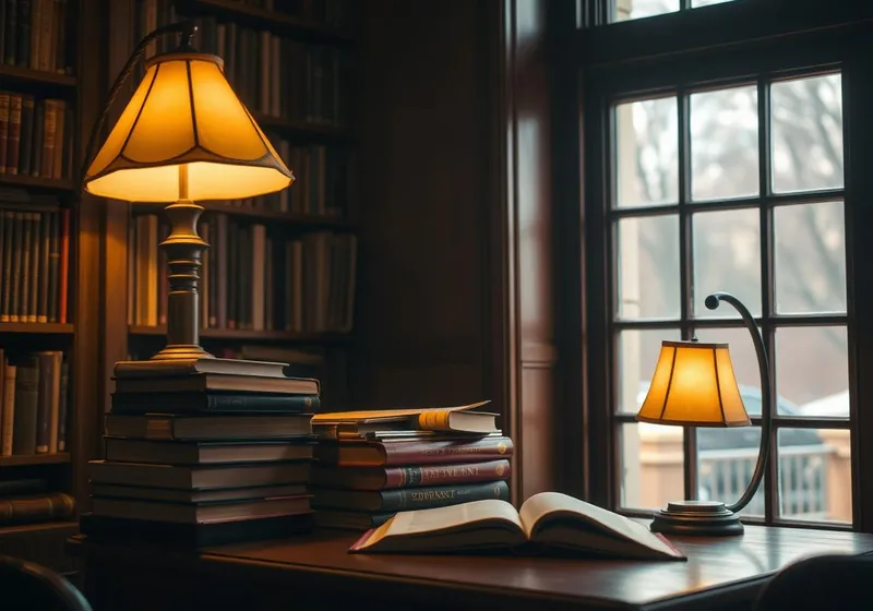 A student reading in a sunlit library reading nook surrounded by bookshelves.