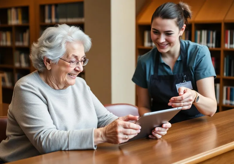 A librarian helping an older adult with a tablet at a one-on-one tech help session.