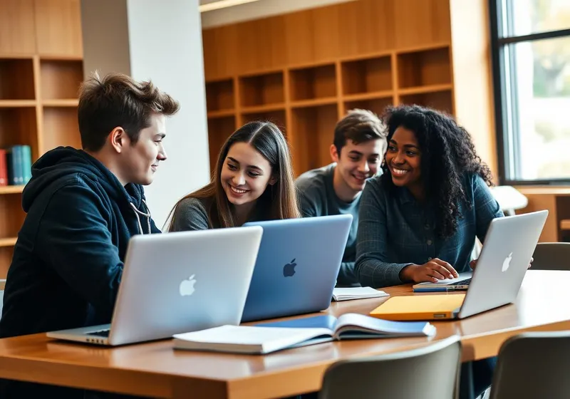 Teenagers studying together at a library table with laptops and notebooks.